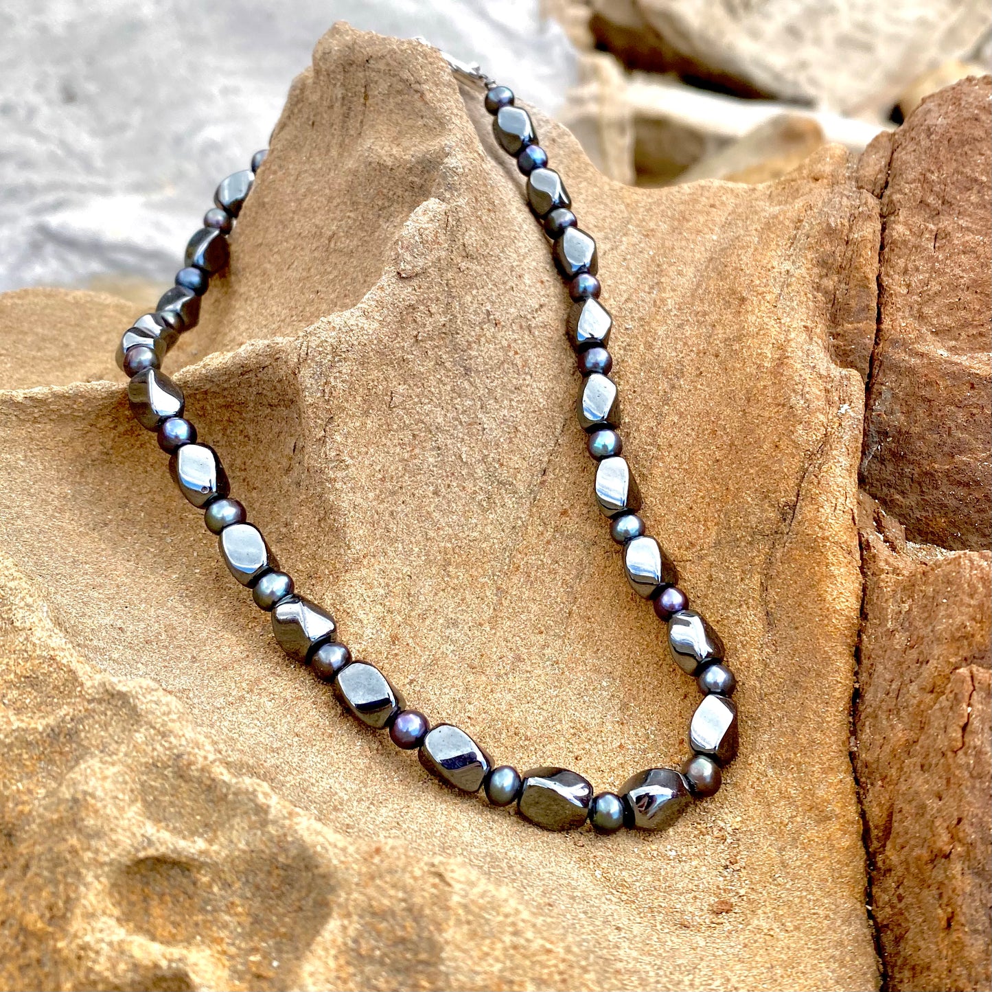 Freshwater Black Pearl and Hematite Necklace.