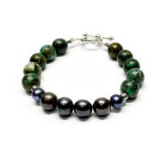 Freshwater Black Pearl and Green Jasper Bracelet