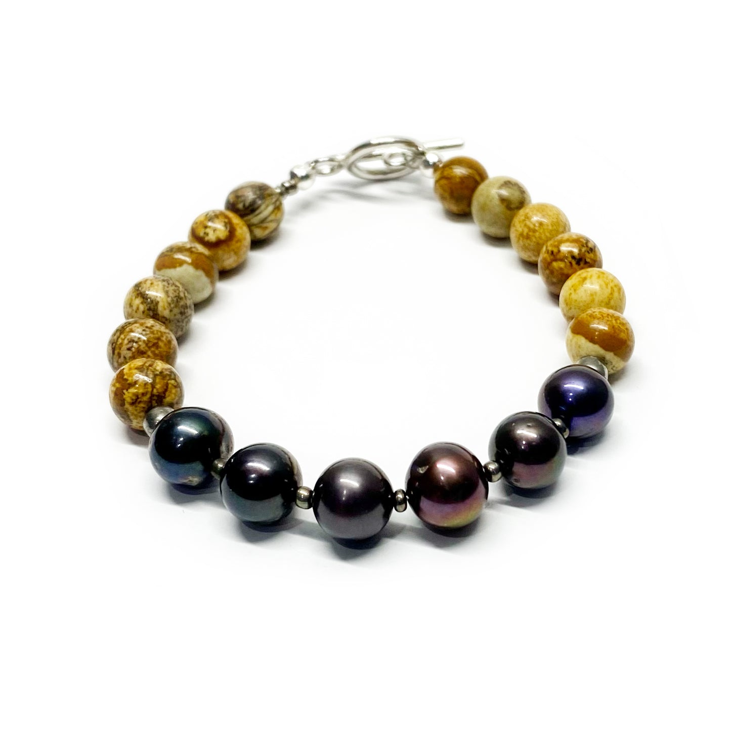 Freshwater Black Pearl and Picture Jasper Bracelet.