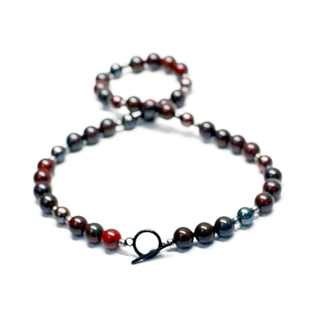 Freshwater Black Pearl, Red Jasper and Silver Necklace.