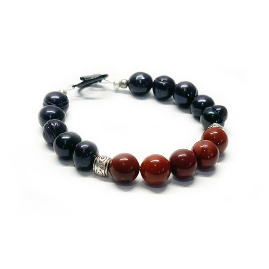 Freshwater Black Pearl and Red Ochre Mookaite Bracelet.