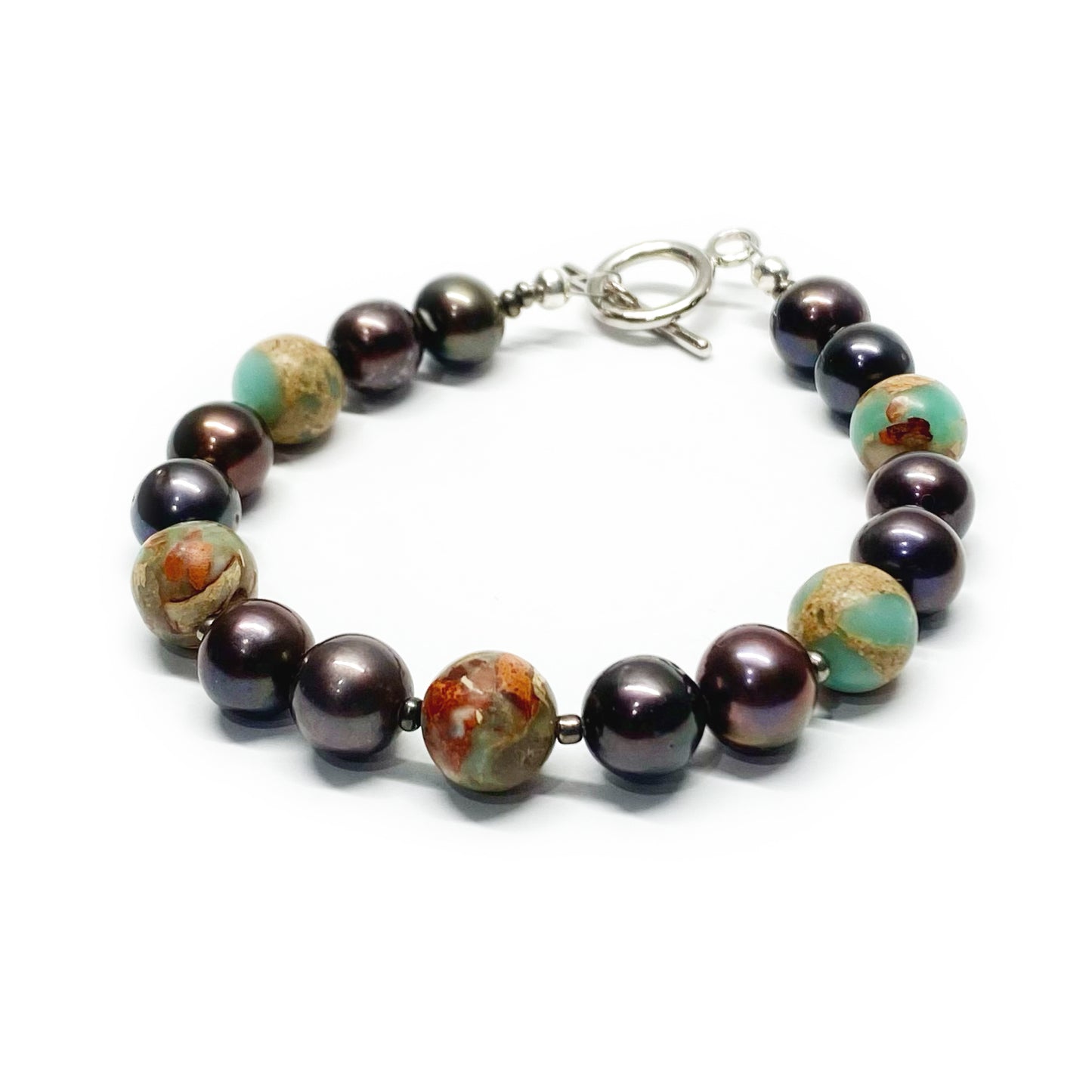 Freshwater Black Pearl and Serpentine Jasper Bracelet