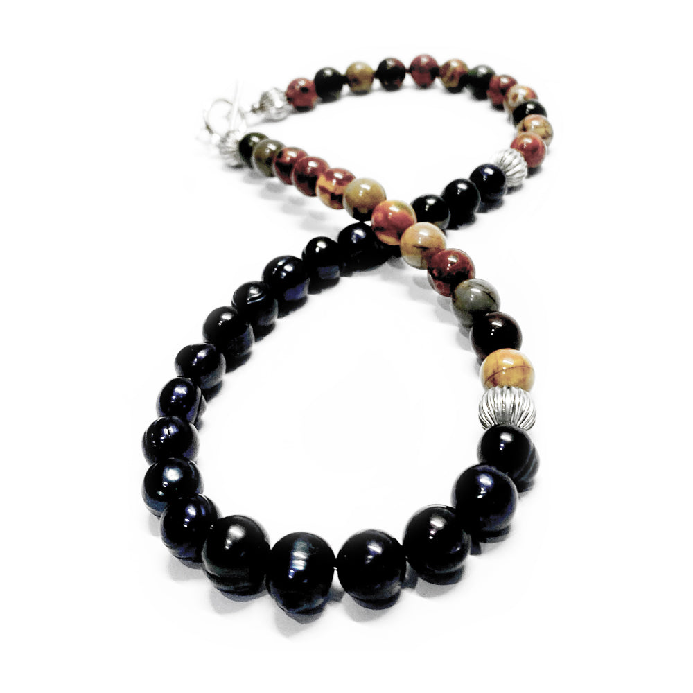 Freshwater Black Pearl, Picasso Jasper and Silver Necklace.