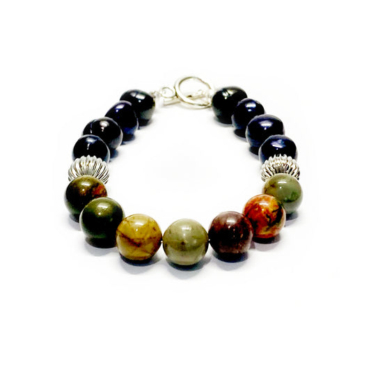 Freshwater Black Pearl, Picasso Jasper and Silver Bracelet.