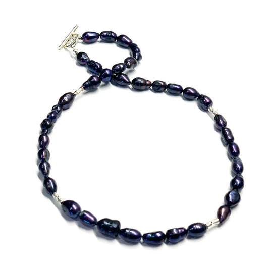 Freshwater Black/Peacock Rice Pearl and Silver Necklace