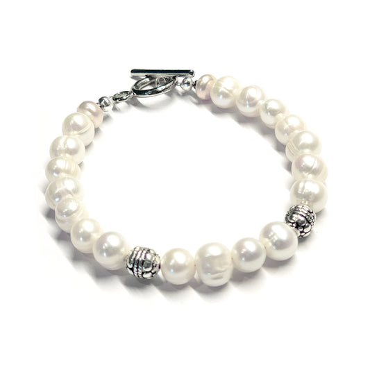 Freshwater White Off-Round Pearl Bracelet with Silver Spacers