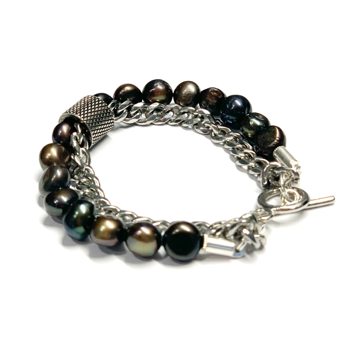 Freshwater Copper/Black Pearl and Stainless Silver Chain Bracelet