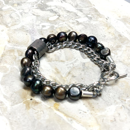 Freshwater Copper/Black Pearl and Stainless Silver Chain Bracelet