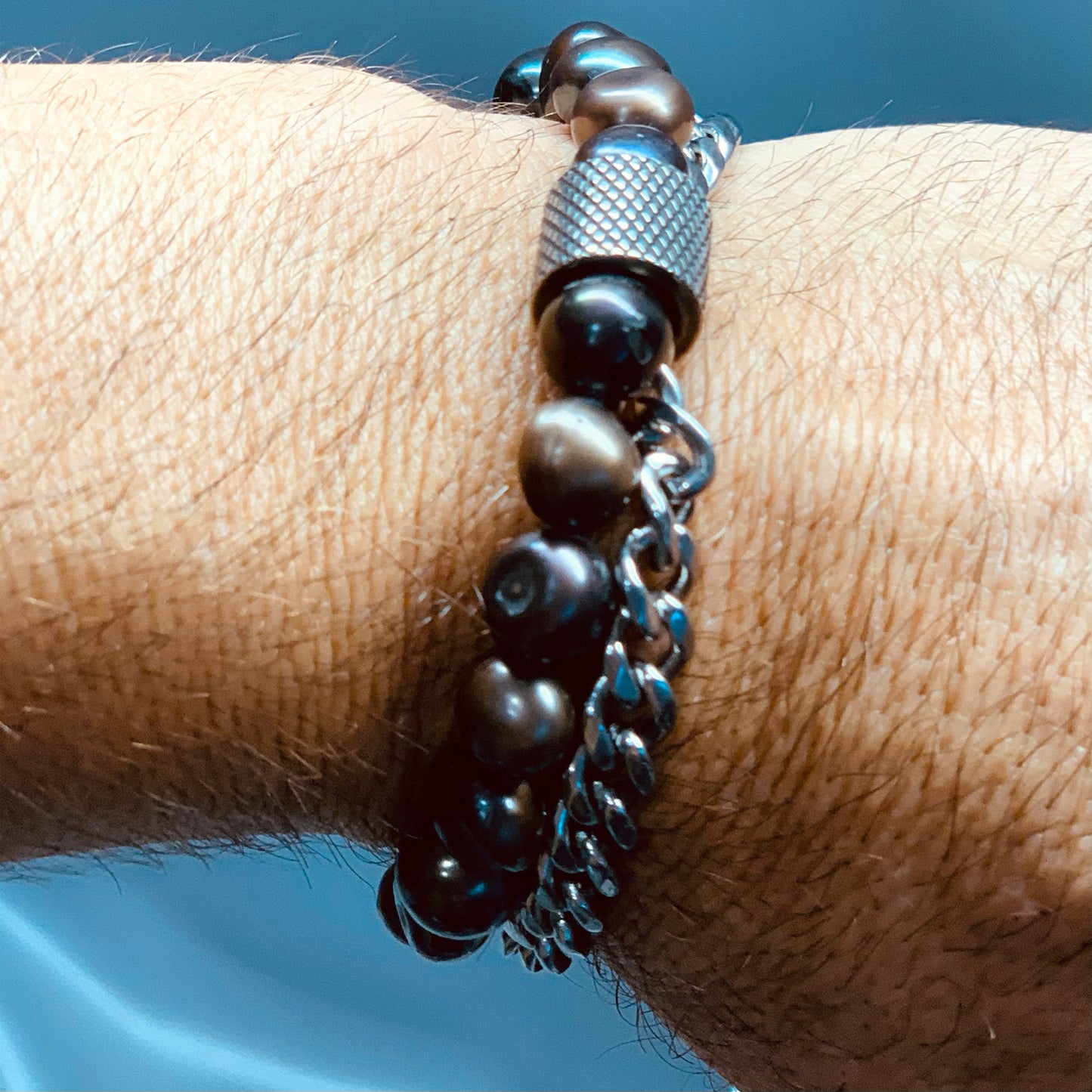 Freshwater Copper/Black Pearl and Stainless Silver Chain Bracelet