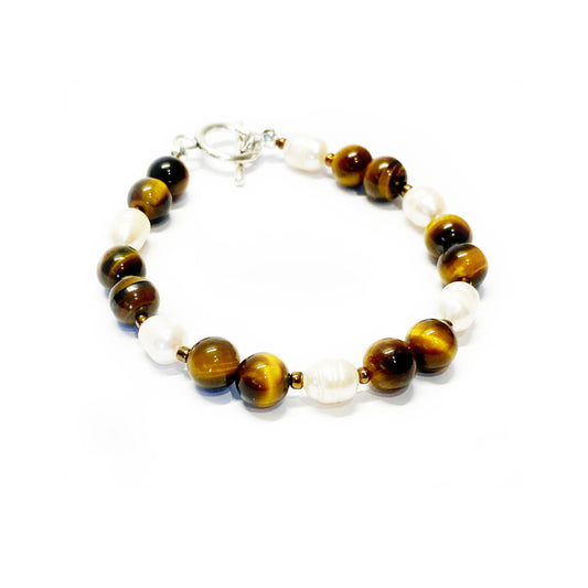 Freshwater White Rice Pearl and Tiger Eye Bracelet