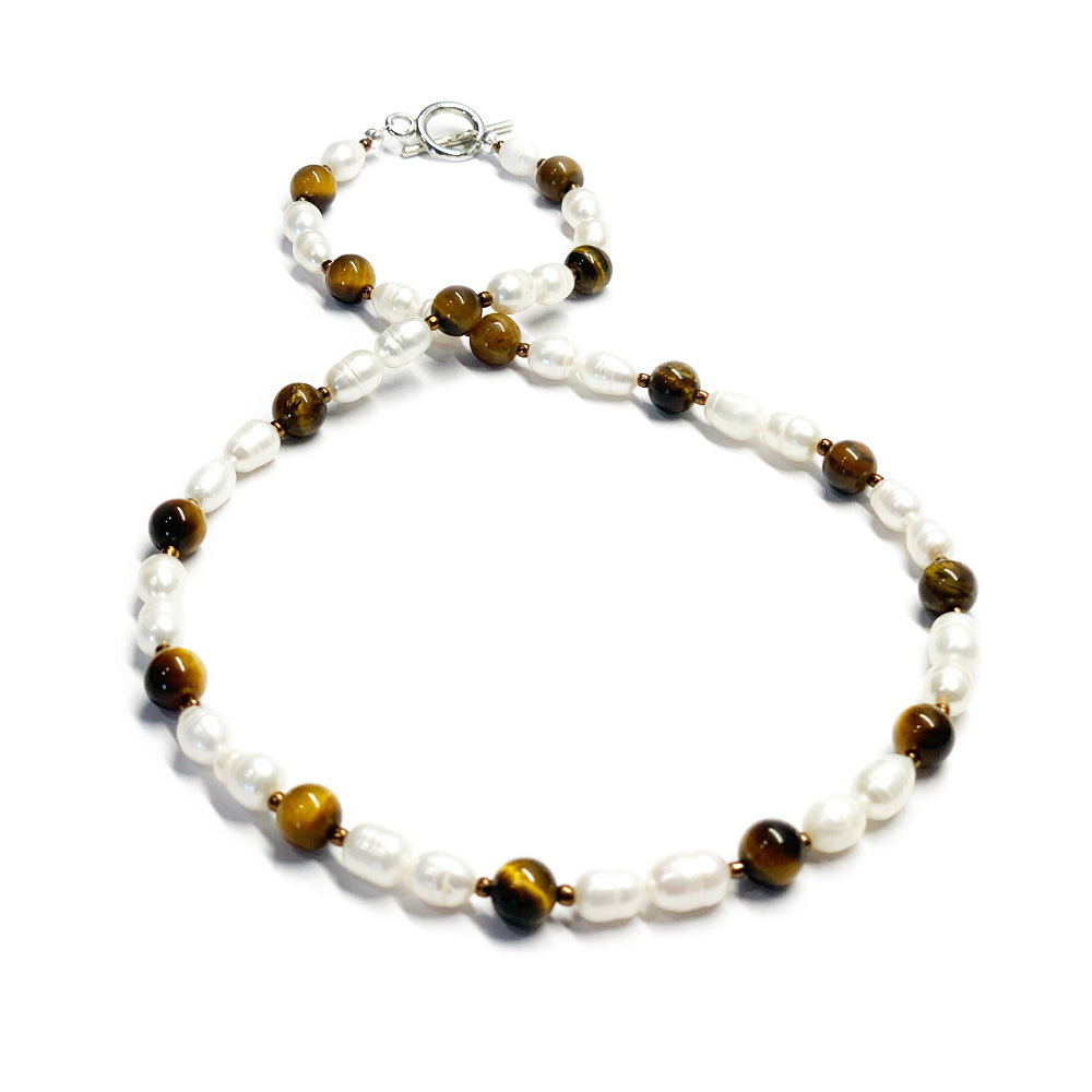 Freshwater White Rice Pearl, Tiger Eye Stone and Bronze Necklace